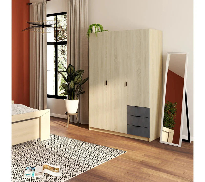 Armoire 3 portes et 3 tiroirs AYALA imitation Chêne