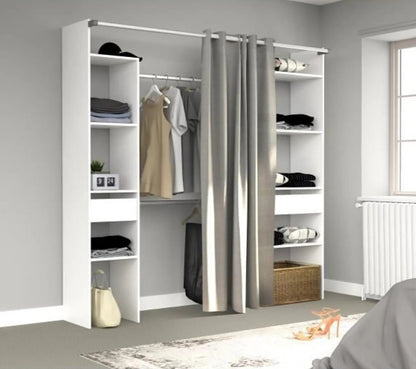 Dressing Avec Rideau - 2 Tiroirs Et 2 Colonnes - Décor Blanc - L 198 X P 40 X H 203 Cm - Artic